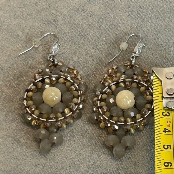 TAUPE tan brown cream beaded crystal rhinestone circular bohemian style earrings - Picture 5 of 8